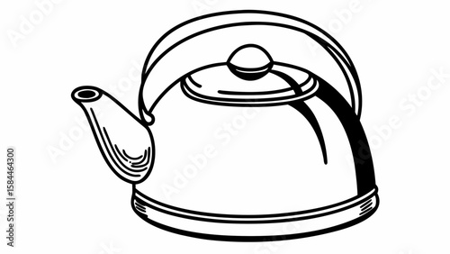 Illustration of a shiny metal kettle with a curved handle and spout on a white background design element created with generated ai