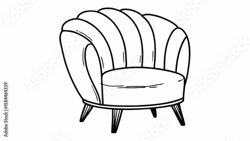 Illustration of a rounded armchair with ribbed back and short tapered legs in black and white outline created with generated ai
