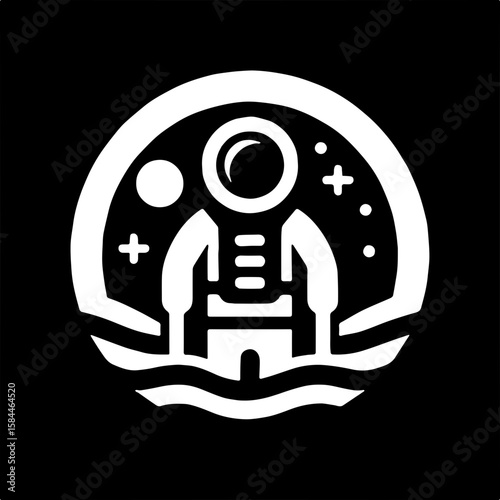 black and white icon of astronaut on wavy terrain with a distant planet and stars, enclosed in a circular space-themed border