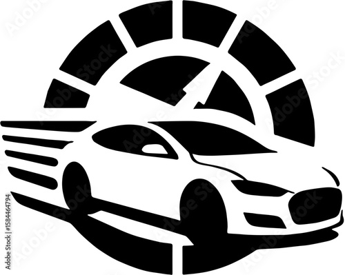 sleek black and white icon of fast sports car with trailing motion lines and semicircle speedometer gauge indicating high velocity