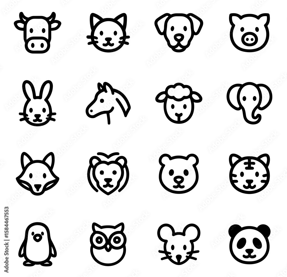 Fototapeta premium Simple Outlined Black Animal Face Icon Collection