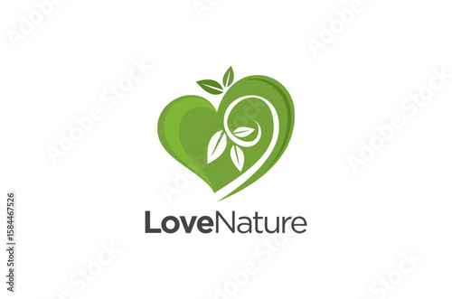 Green heart logo design with leaves, symbolizing love for nature. Vector illustration.