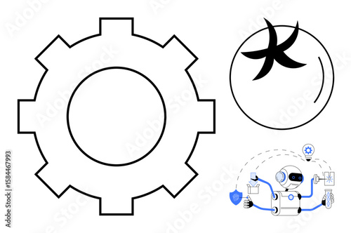 Gear, abstract element, and robotic character holding tools represent automation, AI, industry, efficiency, technology innovation advancement. Ideal for AI robotics efficiency. Simple flat