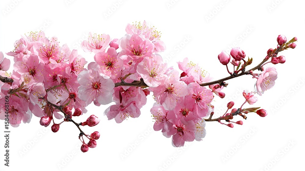 Fototapeta premium A branch of pink cherry blossoms with buds set against a white background
