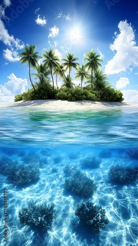 Tropical Island Paradise Azure Waters, Coral Reefs, and Palm-Fringed Shores Under a Bright Blue Sky with Fluffy Clouds