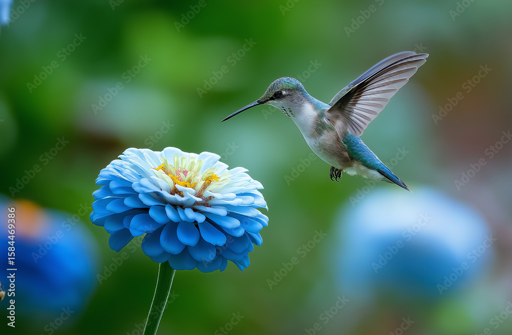 Naklejka premium Photo of a hummingbird flying near a zinnia flower, with a green background and blurred edges