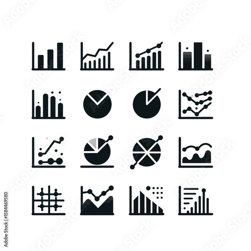 Collection of sixteen black and white minimalist vector icons depicting various types of charts and graphs for data visualization.