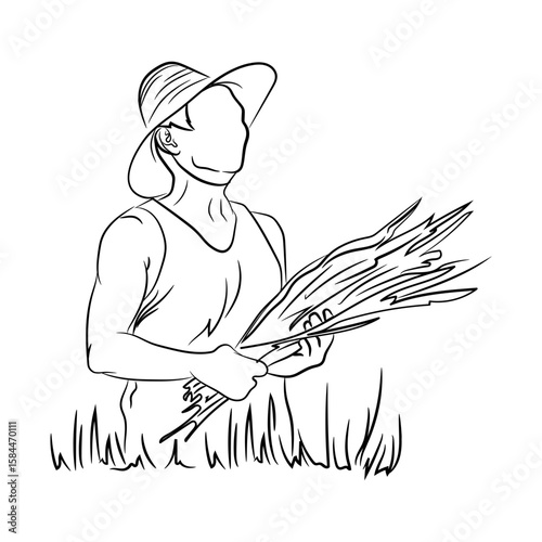 The Harvest’s Embrace: A serene sketch of a farmer clutching a sheaf of harvested grain, embodying the essence of agricultural diligence and connection with the earth.
