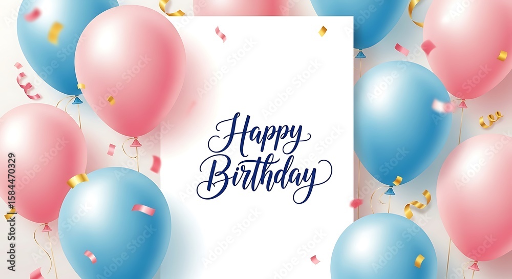Fototapeta premium Happy birthday with pink and blue balloons