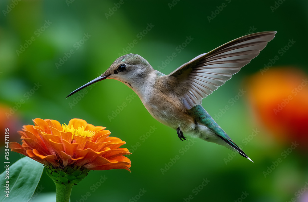 Fototapeta premium Photo of a hummingbird flying near a zinnia flower, with a green background and blurred edges