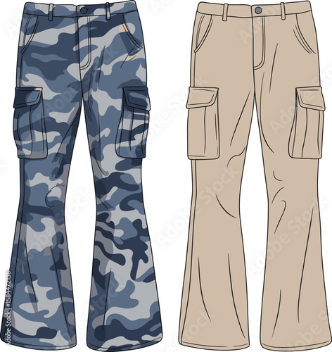Women’s cargo pants technical sketch, flared military style trousers template, camo and khaki fashion flat design for apparel mockup

 flat vector illustration