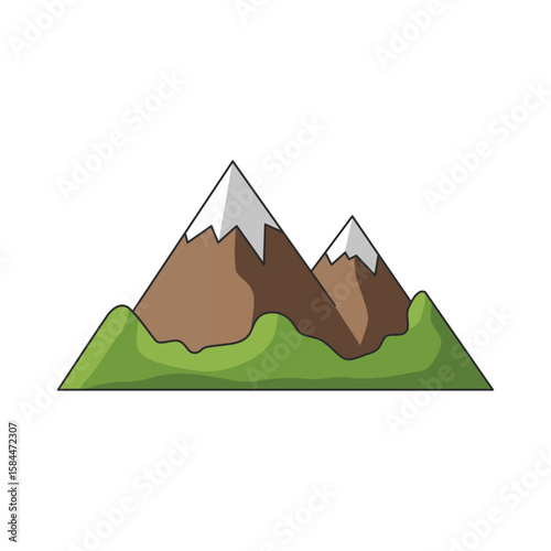 A cartoon icon of two brown mountains with green bases and white caps, symbolizing challenging terrain for cycling.