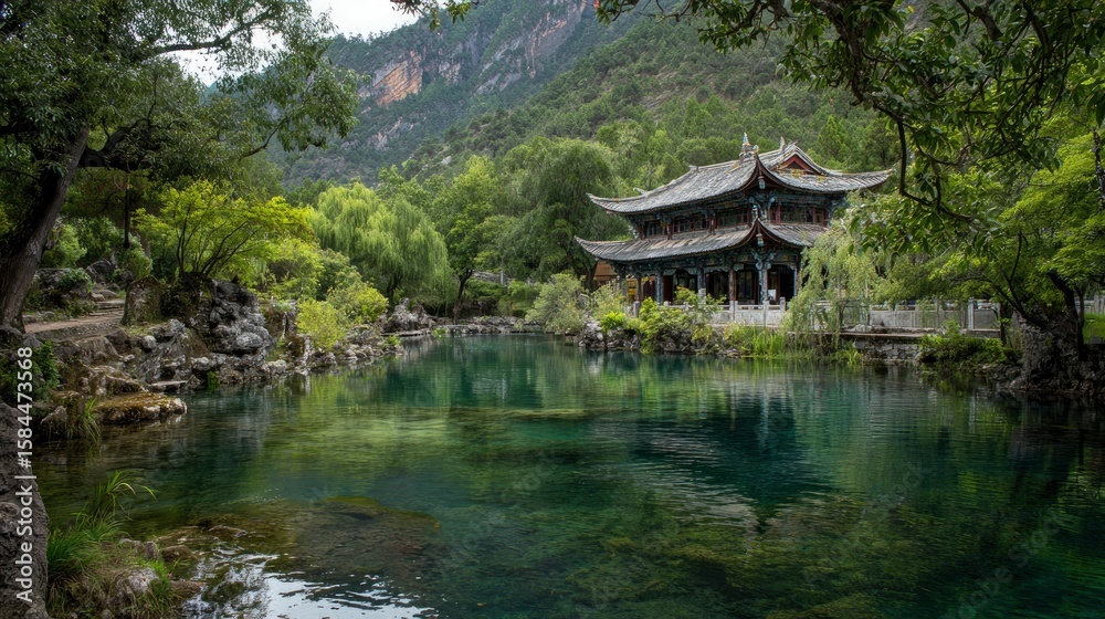 Pagoda temple sits by a serene green lake surrounded by lush trees and a mountain backdrop Pagoda temple sits by a serene green lake surrounded by lush trees and a mountain backdrop