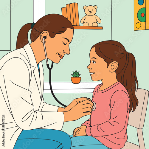 Vector illustration of a doctor examining a child using a stethoscope, demonstrating the importance of health care and compassion in a pediatric setting.