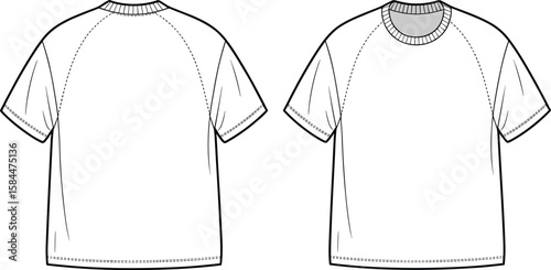 CAD drawing, flat vector illustration, raglan sleeve t-shirt, front and back view, fashion sketch, technical template, short sleeve shirt, apparel design, unisex mockup