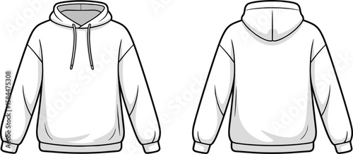 White hoodie vector, casual sweatshirt design, pullover with hood, drawstring detail, ribbed cuffs and hem, front and back view, comfortable streetwear, unisex clothing, fashion illustration, 