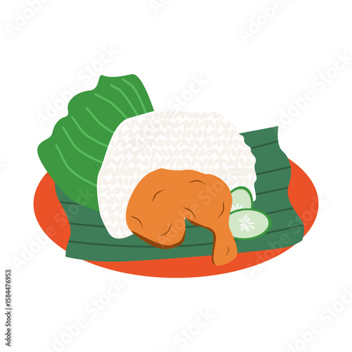 Vector illustration of traditional Malaysian dish "Nasi Lemak", served with coconut rice, sambal, boiled egg, cucumber, and fried anchovies on a red plate. Ideal for food blogs, restaurant menus,