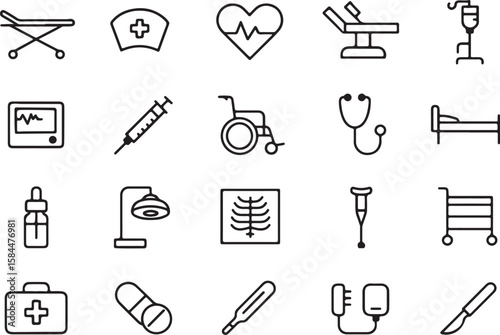 Collection of Medical Icons Representing Tools and Equipment for Healthcare
