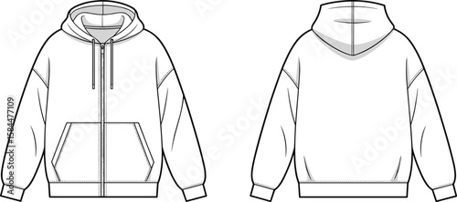 Zip up hoodie CAD sketch, front and back view, flat technical fashion drawing, vector illustration of sweatshirt design, garment mockup template, hoodie outline