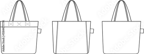 Tote bag vector, CAD drawing flat template, fashion accessory illustration, sewing pattern design, technical bag sketch, editable mockup, handbag outline, production-ready design