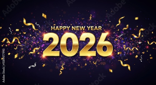 Festive happy new year 2026 celebration with sparkling confetti and golden glitter