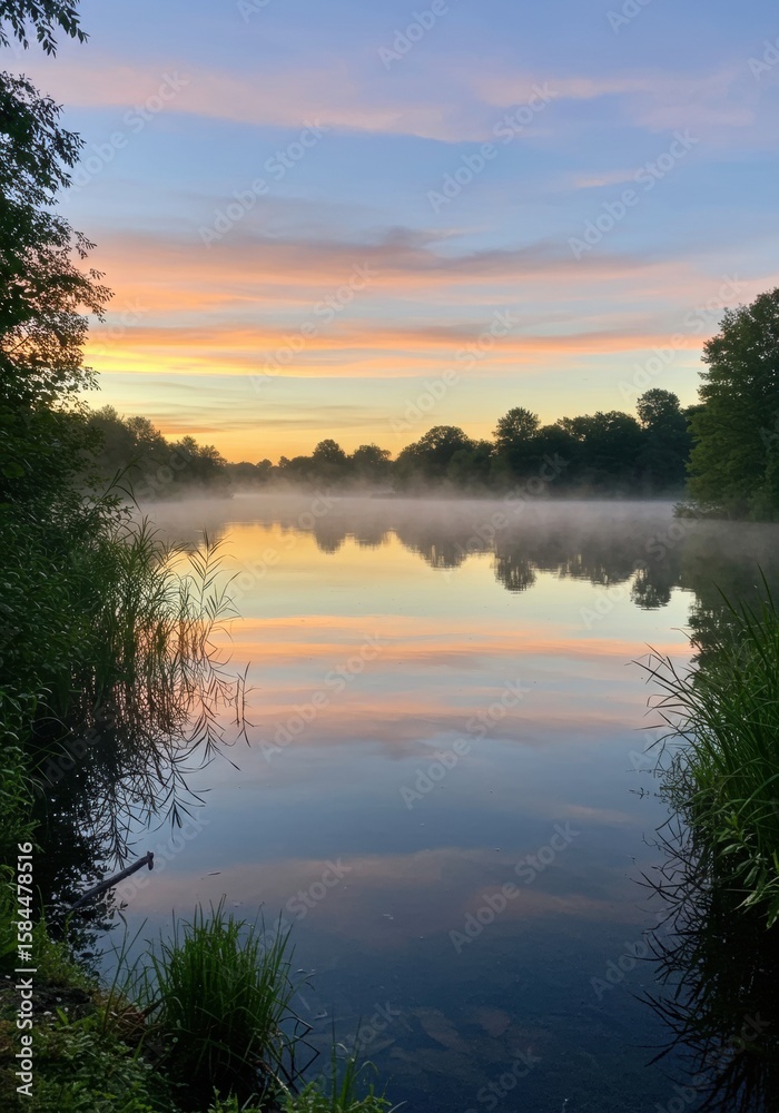 Obraz premium Serene lake with mist and sunrise reflections in tranquil natural landscape