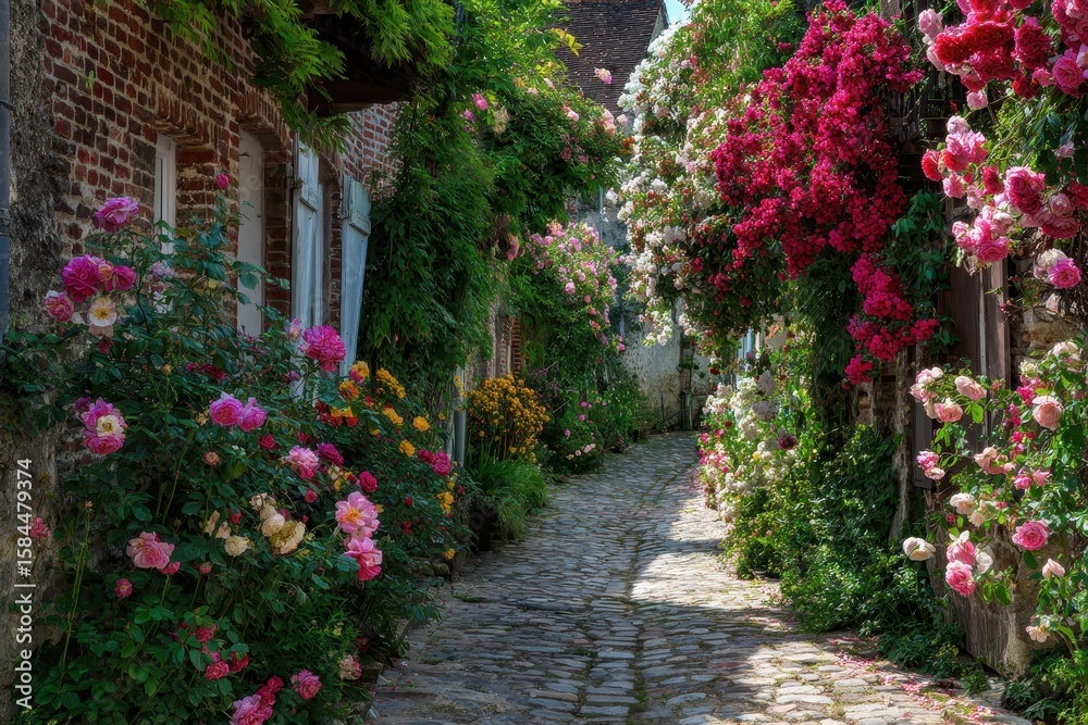Naklejka premium Colorful fragrant roses bloom in the narrow streets of the small village of Gerberoy Normandy during summer