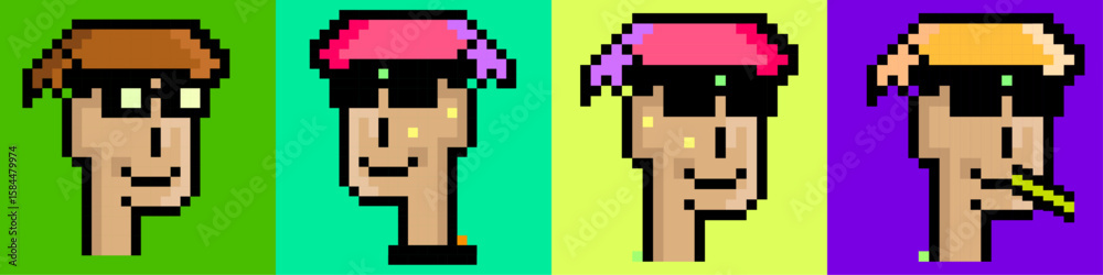 Obraz premium Pixel Art People. Pixel character art vector illustration. 4 pixelated avatar of different face.