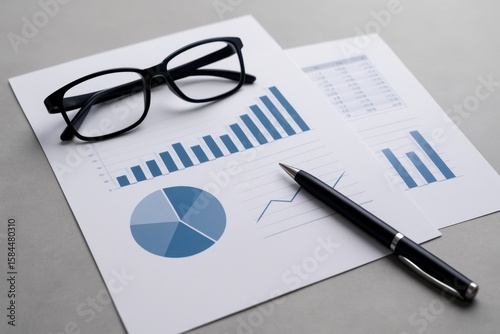 Business Analysis Documents with Glasses and Pen on Table Featuring Graphs, Charts, and Data Visualizations for Professional Use and Presentation