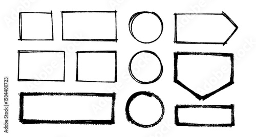 Box brush stroke frames line, Text box outline frame, Grunge paint brush square shapes in Hand-drawn style set, Brush borders Vector illustration