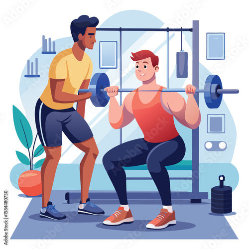 Personal trainer helping with squats during a barbell workout in the gym