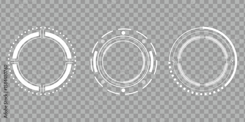 Set of three white futuristic HUD circles on transparent background, ideal for technology interfaces.