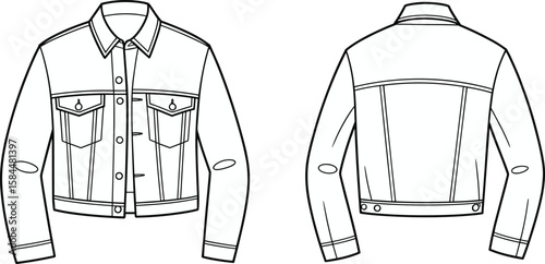 Men’s denim jacket front and back, cropped style, button closure, chest flap pockets, long sleeves with elbow patches, collar, fashion flat sketch, CAD template, vector illustration