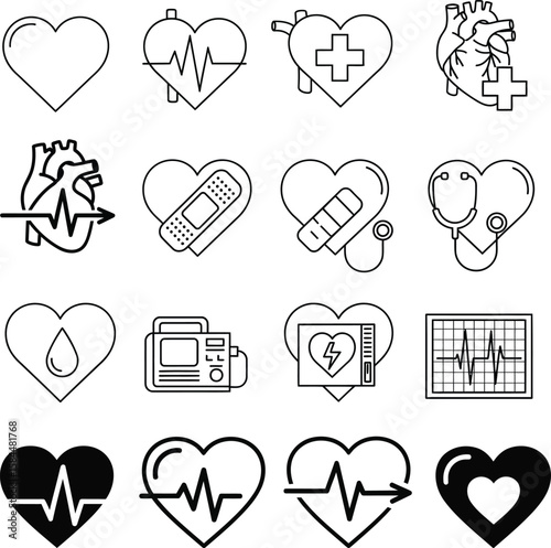 Cardiology & Heart Health Line Art Icons Set - Medical Vector Illustration