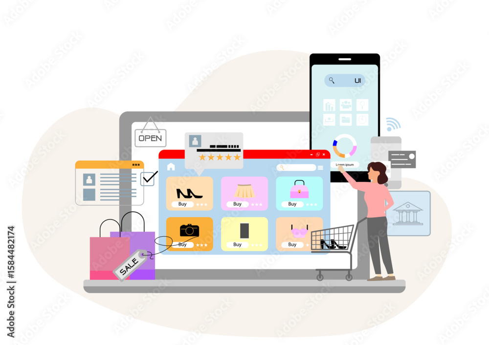 custom made wallpaper toronto digitalFlat vector illustration of online shopping concept. A woman stands in front of a giant laptop and smart phone screen displaying various fashion products like bags, shoes, and accessories.
