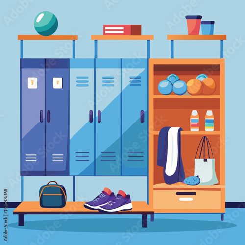 Gym locker room scene illustrating equipment for fitness and sports activities