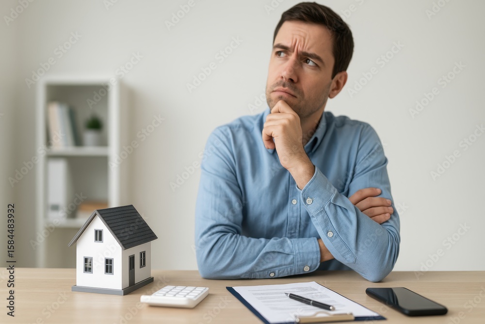 Naklejka premium Thoughtful man considering real estate investment while looking at model house, calculator, and smartphone in modern office space, pondering decisions.
