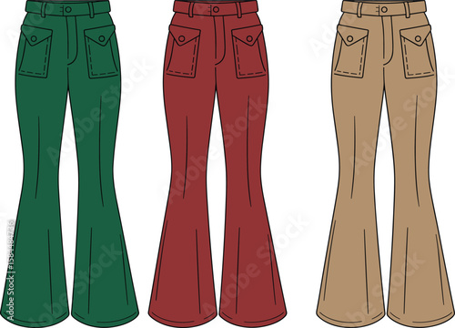 Women’s paperbag jogger pants fashion flat sketch, tied waist, elastic hem, vector illustration, trendy casual wear, stylish modern design