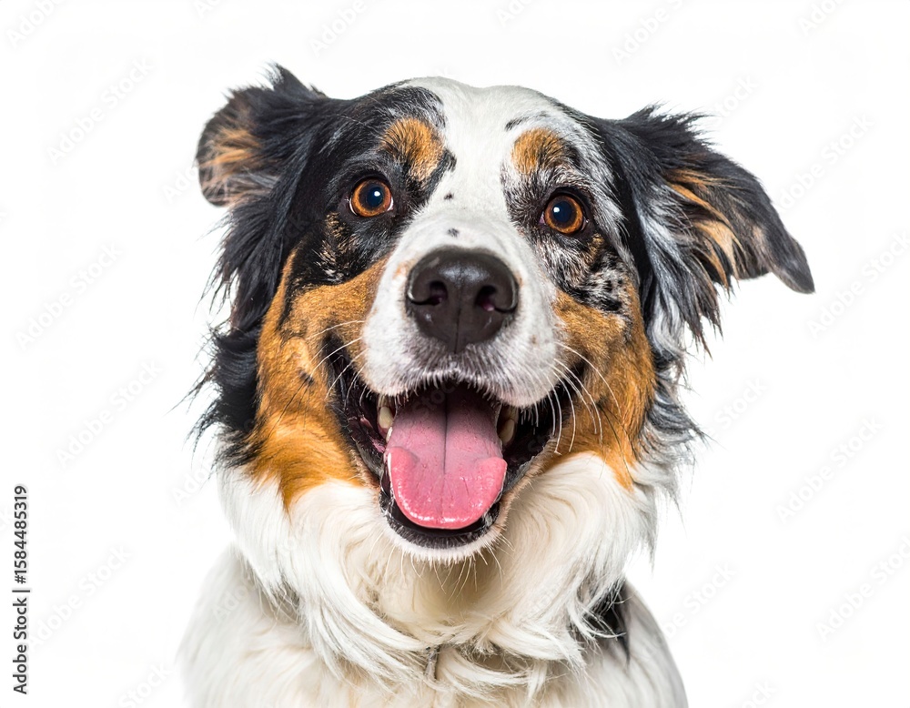 Fototapeta premium Silly smiling dog with big eyes and floppy ears, joyful expression, white backdrop.