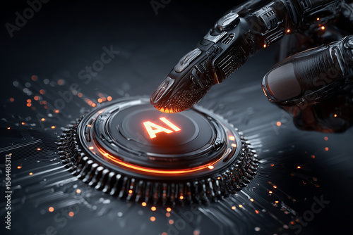 AI-generated close-up of a human finger touching a glowing AI symbol on a digital interface 