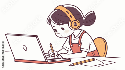 Girl with headphones using laptop and writing with pencil on desk for online learning at home study