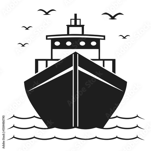 Black cargo ship sailing through wavy water with birds
