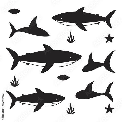 Five black shark silhouettes swimming underwater sharks