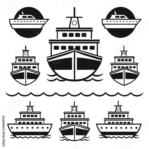 Diverse ship collection black fill vector boat vessel