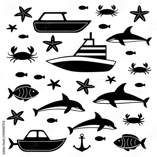Marine life and boats silhouette collection dolphins