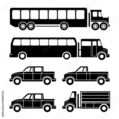 Various black vehicle silhouettes truck pickup truck