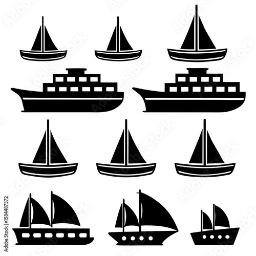 Various watercraft silhouettes black and white sailboat