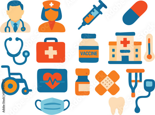 Healthcare Essentials: A collection of medical icons, representing various aspects of healthcare, providing a visual guide to the medical field. These are useful for representing healthcare concepts.