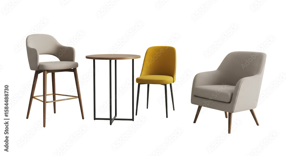 Modern Furniture Set with Bar Stool, Yellow Chair and Beige Armchair Modern Furniture Set with Bar Stool, Yellow Chair and Beige Armchair