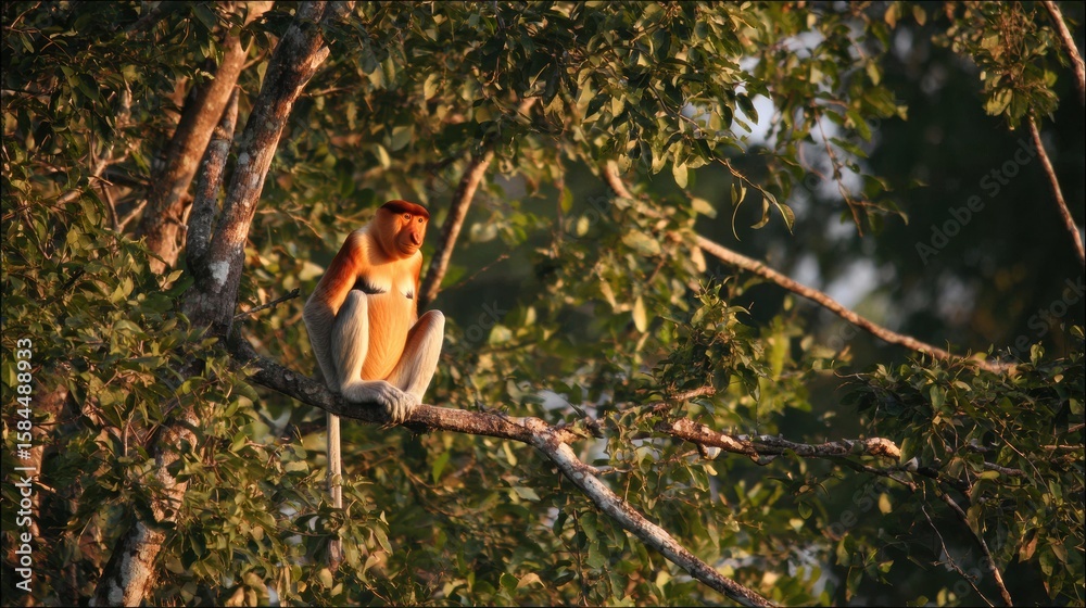 Fototapeta premium Proboscis Monkey Sits on Tree Branch Near River During Evening Light With Clear Upper Margin